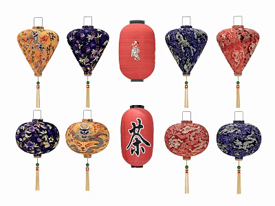 Colorful Traditional Chinese Lanterns With Dragon Patterns Red Blue And Tea Character Design 3d model
