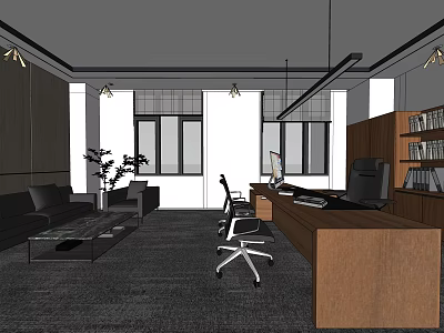 Modern Office Interior With Wooden Desk Office Chair Sofa And Bookshelf 3d model