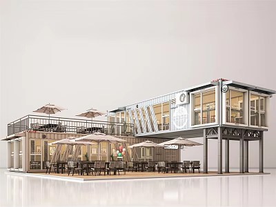 Modern Container Building Cafe With Outdoor Seating Umbrellas And Large Windows 3d model