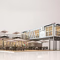 Modern Container Building Cafe With Outdoor Seating Umbrellas And Large Windows 3d model