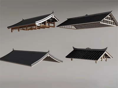 Traditional Wooden House Roof Designs With Black Tiles And Architectural Details 3d model