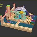 Whimsical Cartoon Scene With Yellow Domed Towers Blue Whale Building And Small Boats On Water