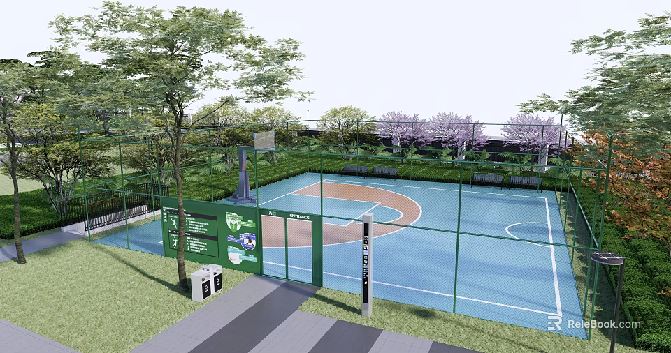 Outdoor Basketball Court Surrounded by Greenery Fence with Entrance Signage and Blue Brown Surface 3d model 