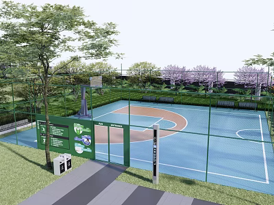 Outdoor Basketball Court Surrounded by Greenery Fence with Entrance Signage and Blue Brown Surface 3d model