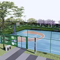 Outdoor Basketball Court Surrounded by Greenery Fence with Entrance Signage and Blue Brown Surface
