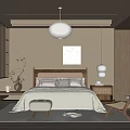 Serene Minimalist Bedroom Interior With Wooden Headboard Round Pendant Light And Light Colored Bedding