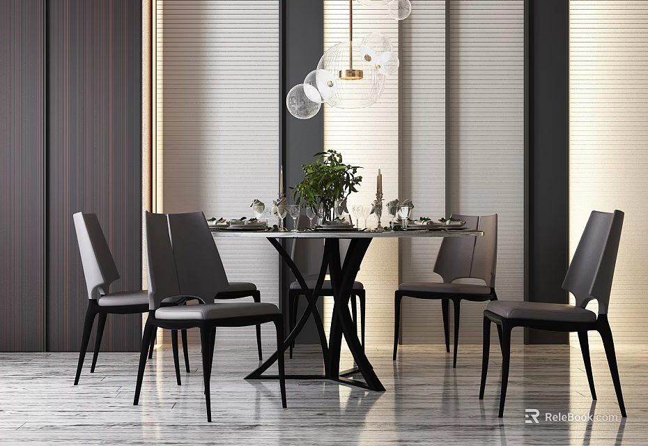 Modern Dining Set With Round Table Black Leather Chairs Pendant Lights And Green Plant Centerpiece 3d model 