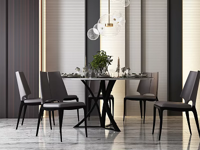 Modern Dining Set With Round Table Black Leather Chairs Pendant Lights And Green Plant Centerpiece 3d model
