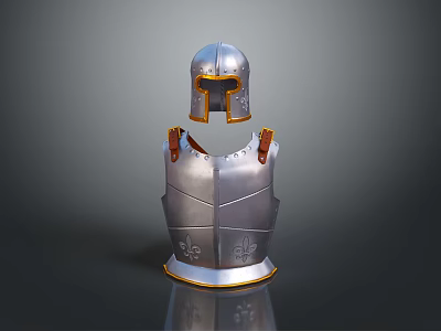 Medieval Silver Armor With Helmet Breastplate Golden Trim Brown Straps And Decorative Patterns 3d model