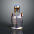 Medieval Silver Armor With Helmet Breastplate Golden Trim Brown Straps And Decorative Patterns