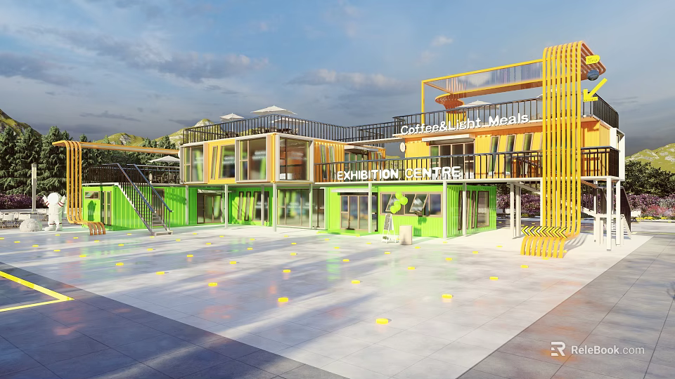 Modern Museum Building With Colorful Yellow Green Structures And Open Exhibition Space 3d model 
