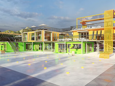Modern Museum Building With Colorful Yellow Green Structures And Open Exhibition Space 3d model
