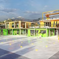 Modern Museum Building With Colorful Yellow Green Structures And Open Exhibition Space