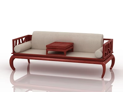 Traditional Chinese Luohan Bed with Wooden Frame Light Colored Cushion and Small Coffee Table 3d model