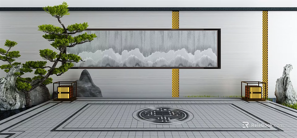 Traditional Chinese Feature Wall With Cloud Pattern Green Plant Stone And Circular Floor Design 3d model