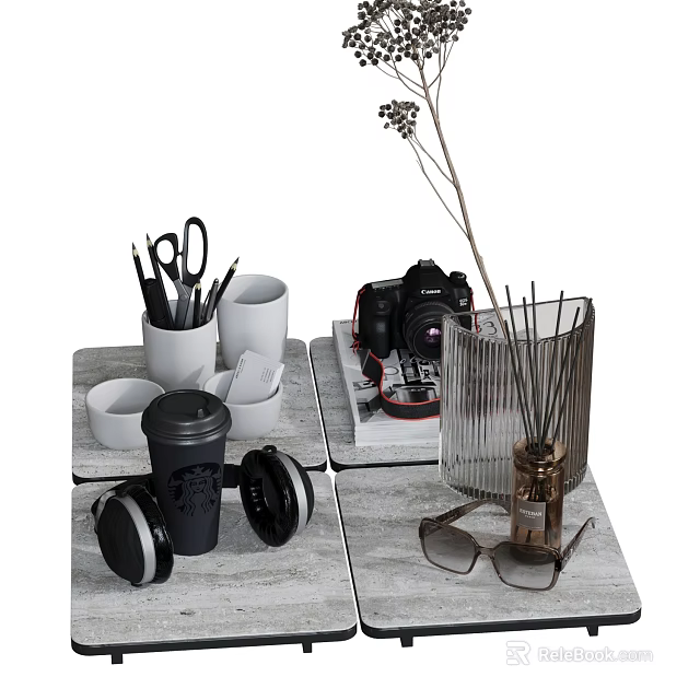 Tabletop Decorative Ornament Set With Stationery Camera Vase Dried Flowers Headphones And Glasses 3d model 