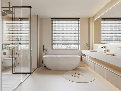 Modern Bathroom Interior With Glass Shower Enclosure Freestanding Bathtub Double Vanity Sinks And Window Blinds 3d model