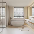 Modern Bathroom Interior With Glass Shower Enclosure Freestanding Bathtub Double Vanity Sinks And Window Blinds