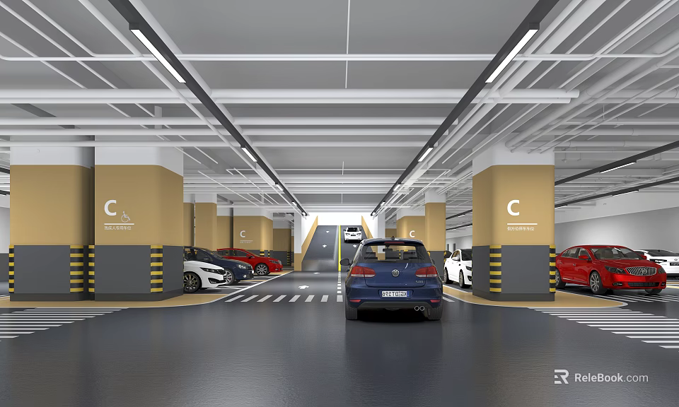 Indoor Parking Garage With Bright Lighting Parked Cars Columns And Lane Markings 3d model 