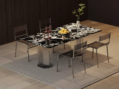 Modern Marble Top Dining Table With Metal Chairs Green Plant Fruit Bowl Wine Bottles 3d model
