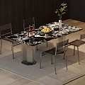 Modern Marble Top Dining Table With Metal Chairs Green Plant Fruit Bowl Wine Bottles