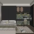 Tatami Bedroom Interior with Dark Walls Rattan Decor Wooden Flooring Desk and Window Rug