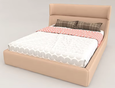 Modern Double Bed with Beige Upholstered Headboard White Gray Circle Sheet and Brown Plaid Pillows 3d model
