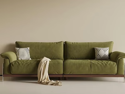 Green Casual Sofa Set With Geometric Throw Pillows Beige Blanket and Metal Legs 3d model