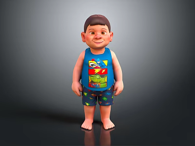 Child Wearing Blue Tank Top With Cartoon Graphic And Shorts Standing Barefoot On Dark Background 3d model