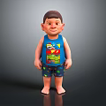 Child Wearing Blue Tank Top With Cartoon Graphic And Shorts Standing Barefoot On Dark Background