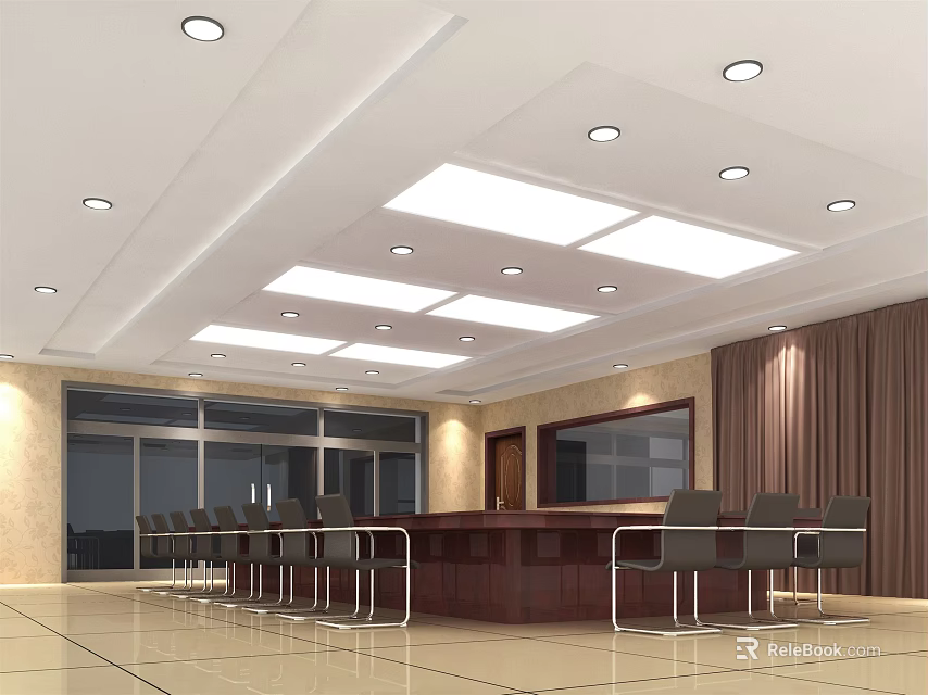 Modern Conference Room Interior With Large Table Multiple Chairs Ceiling Lights And Curtains 3d model
