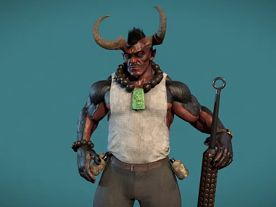 Game Movie Character with Horns Black Spiky Hair Green Pendant White Tank Top and Mace 3d model