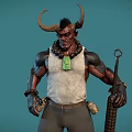 Game Movie Character with Horns Black Spiky Hair Green Pendant White Tank Top and Mace