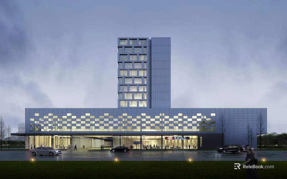 Modern Hotel Building Exterior With Glass Facade Geometric Design Illuminated Entrance And Parking Area 3d model 