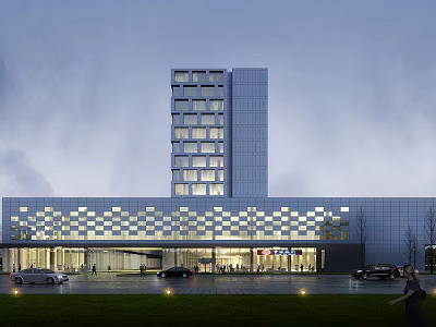 Modern Hotel Building Exterior With Glass Facade Geometric Design Illuminated Entrance And Parking Area 3d model