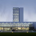 Modern Hotel Building Exterior With Glass Facade Geometric Design Illuminated Entrance And Parking Area