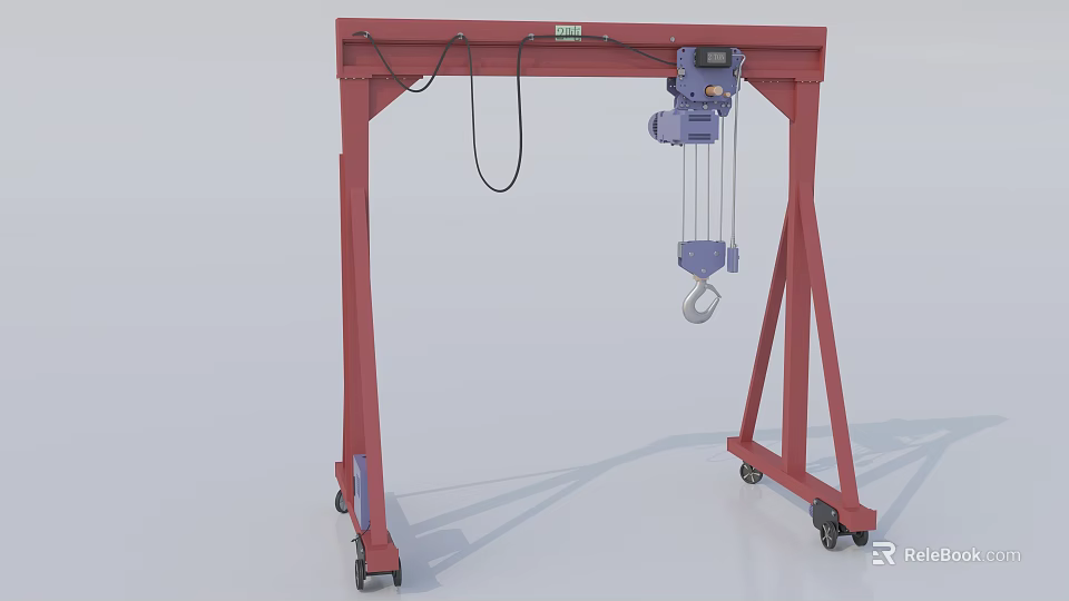 Mobile Industrial Gantry Crane with Red Frame and Electric Hoist 3d model 