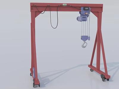 Mobile Industrial Gantry Crane with Red Frame and Electric Hoist 3d model