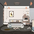 Kids Room Interior Design With Bed Pillows Rug Toys Llama Toy Bookshelf Desk And Chair