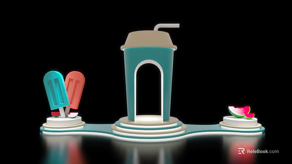 Summer Dessert Display With Colorful Popsicles Cup And Watermelon Slice 3d model