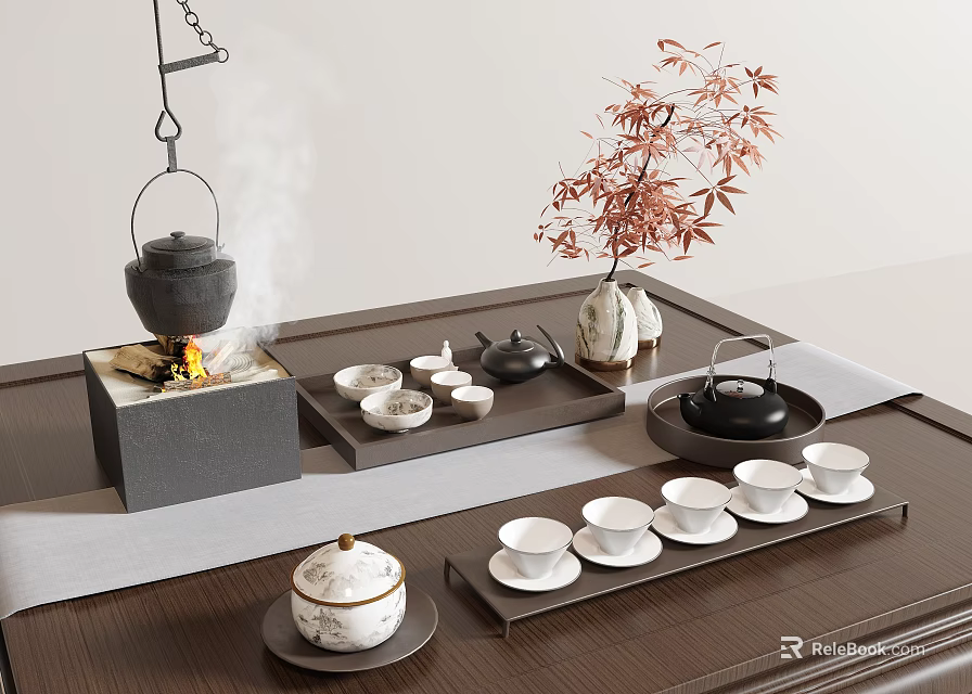 Traditional Tea Set With Burning Stove Smoke Tea Tray Cups And Red Maple Leaf Vase 3d model 