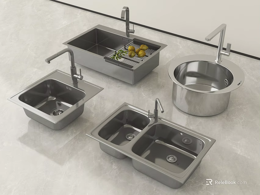 Stainless Steel Kitchen Sinks with Single Double Bowl Designs and Drainer Features 3d model 