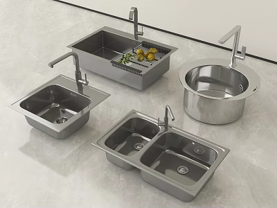 Stainless Steel Kitchen Sinks with Single Double Bowl Designs and Drainer Features 3d model