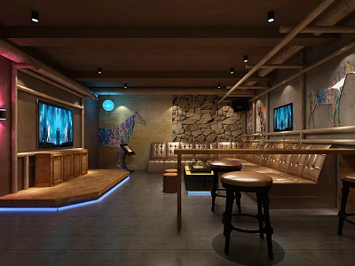 Modern KTV Interior With Leather Seating Large TV Screens And Decorative Stone Walls 3d model