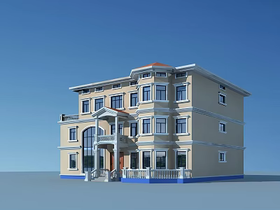 Classic Detached Villa With Beige Exterior Red Roof And Multi Story Design 3d model