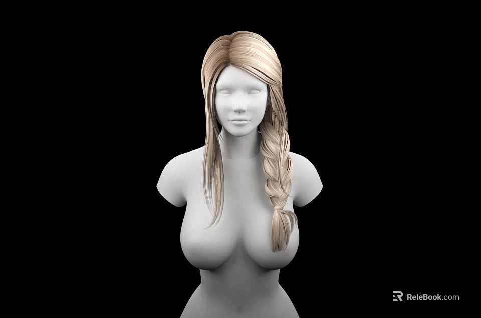 Woman with Long Blonde Hair and Braid on Upper Body Against Black Background 3d model 