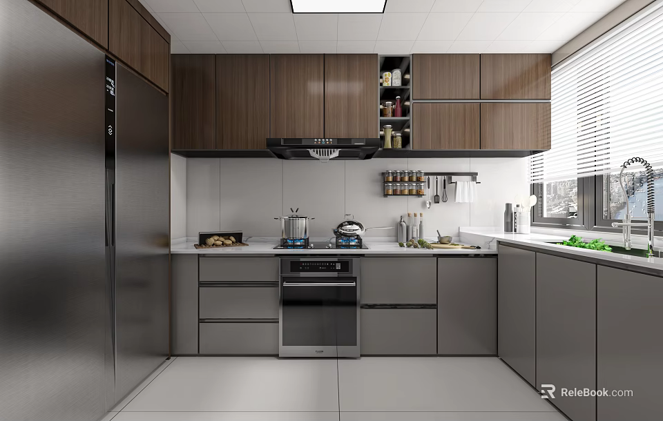 Modern Kitchen With Brown Gray Cabinets Stainless Steel Refrigerator And White Countertop 3d model 