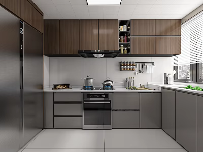 Modern Kitchen With Brown Gray Cabinets Stainless Steel Refrigerator And White Countertop 3d model