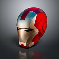 Red And Gold Iron Man Helmet With Shiny Metallic Finish On Dark Background