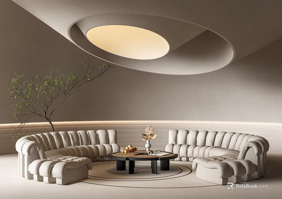 Modern Curved Beige Sofa Coffee Table Set With Black Table Round Light And Decorative Plants 3d model 